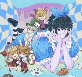 1girl 4boys :&lt; :/ :d ^_^ ace_(playing_card) ace_of_spades alice&#039;s_adventures_in_wonderland alice_(alice_in_wonderland) alice_(alice_in_wonderland)_(cosplay) amane_misa ambiguous_pink_liquid animal_ears animal_hands apron arched_crown back_bow bags_under_eyes black_dress black_eyes black_hair black_pants black_shirt black_shoes blonde_hair blue_bow blue_dress blue_shirt blue_shoes blush bob_cut bow bow_hairband brown_eyes card cat_ears cat_paws cat_tail checkered_background checkered_clothes checkered_dress cheshire_cat_(alice_in_wonderland) cheshire_cat_(alice_in_wonderland)_(cosplay) chibi closed_eyes collared_shirt commentary cookie cosplay crossdressing crown death_note diamond_(shape) double-parted_bangs dress elbow_rest english_commentary english_text fingernails food food_on_face frilled_apron frilled_dress frilled_sleeves frills full_body furrowed_brow grabbing_another&#039;s_arm green_hat grin hair_between_eyes hair_bow hairband hands_on_own_chin hands_up hat head_rest heart heart_print highres holding holding_scepter holding_stopwatch indian_style l_(death_note) legs_up long_sleeves looking_at_another lying mad_hatter_(alice_in_wonderland) mad_hatter_(alice_in_wonderland)_(cosplay) maid_apron medium_dress mello_(death_note) messy_hair multiple_boys near_(death_note) on_stomach open_mouth pajamas pale_skin pants pantyhose parted_lips pink_liquid playing_card playing_card_print polka_dot polka_dot_pajamas puffy_short_sleeves puffy_sleeves queen_of_hearts_(alice_in_wonderland) rabbit_ears rabbit_paws rabbit_tail red_dress red_pants red_shoes scepter shirt shoes short_hair short_sleeves short_twintails sidelocks sinjugatami sitting sleeveless sleeveless_shirt smile socks spade_(shape) standing standing_on_one_leg stopwatch striped_clothes striped_pantyhose sweatdrop tail twintails watch white_apron white_bow white_pajamas white_rabbit_(alice_in_wonderland) white_rabbit_(alice_in_wonderland)_(cosplay) white_socks yagami_light