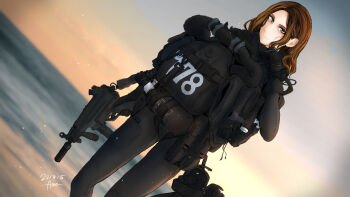 1girl ammunition_pouch aze_(tyranno-link) beach black_bodysuit black_gloves black_wetsuit bodysuit brown_hair cowboy_shot crotch_strap diving_mask diving_mask_around_neck diving_mask_removed diving_suit flippers flippers_removed frogman gloves goggles grey_eyes gun h&amp;k_mp5 hand_around_neck heckler_&amp;_koch highres holding holding_gun holding_weapon hose light_smile looking_at_viewer military original oxygen_tank pouch rebreather scuba scuba_gear scuba_tank short_hair skin_tight smile solo strap submachine_gun suppressor tactical_clothes trigger_discipline valve watch weapon wetsuit wristwatch