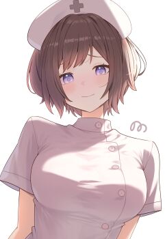 07nono06 1girl absurdres alternate_costume artist_name blush breasts brown_hair buttons commentary gakuen_idolmaster hat highres idolmaster looking_at_viewer medium_breasts neo_asari nurse_cap purple_eyes shirt short_hair short_sleeves signature simple_background smile solo upper_body white_background white_shirt
