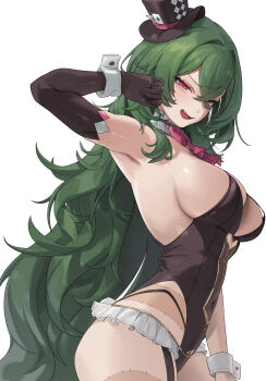 1girl absurdres arm_up armpits bare_shoulders black_leotard blurry bow bowtie breasts brown_gloves character_request choker cleavage commentary commission depth_of_field elbow_gloves english_commentary facial_mark fang frilled_choker frills gloves green_hair highleg highleg_leotard highres indie_virtual_youtuber large_breasts leotard long_hair looking_at_viewer nontraditional_playboy_bunny open_mouth panty_straps pixiv_commission red_eyes rima_(0136) single_elbow_glove smile solo stitched_leg stitches v-shaped_eyebrows very_long_hair wrist_cuffs