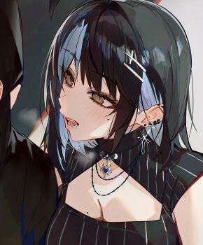 1girl 1other absurdres black_hair blue_hair blush breasts brown_eyes cleavage commentary cross cross_earrings cross_hair_ornament ear_piercing earrings english_commentary hair_ornament highres irene_(kanniiepan) jewelry kanniiepan medium_breasts mole mole_on_breast mole_under_eye multicolored_hair necklace open_mouth original piercing solo_focus teeth two-tone_hair upper_body