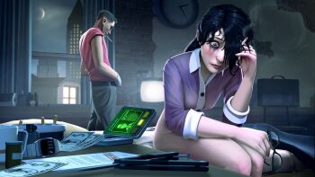 1boy 1girl 3d absurdres aftersex analog_clock ashtray balisong binoculars black_hair blue_eyes blush bottomless breasts brick_wall briefcase brown_hair building chair cigarette cigarette_butt clock collared_shirt commentary curtains dobrapozitiva english_commentary glasses hair_over_one_eye highres holding holding_cigarette holding_removed_eyewear indoors knife lighter long_hair lotion_bottle makeup medium_breasts miss_pauling moon mouth_hold night nipples on_bed pale_skin purple_shirt red_scout_(tf2) red_shirt runny_makeup scout_(tf2) see-through_clothes see-through_shirt shirt short_hair sitting smoking source_filmmaker_(medium) spy_(tf2) standing static team_fortress_2 television toilet_paper unworn_eyewear unworn_wristwatch