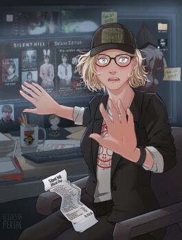 Rule 34 | 1girl, artist name, at computer, baseball cap, blonde hair, blue eyes, chair, character doll, commentary, computer, computer keyboard, cup, desk, doll, ecclesia feriae, embarrassed, english commentary, glasses, grace ashcroft, hat, heather mason, highres, jacket, james sunderland, merchandise, monitor, mug, office chair, open mouth, pyramid head, resident evil, resident evil requiem, shimizu hinako, shirt, shopping list, short hair, silent hill (series), silent hill 2, silent hill 3, silent hill f, solo, sticky note, suit jacket, swivel chair, watch, white shirt, wristwatch