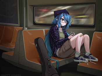 1girl alternate_costume artist_name badge bandaid bandaid_on_knee bandaid_on_leg beanie blue_eyes blue_theme brown_shorts button_badge cable cargo_shorts closed_mouth commentary digital_media_player doodles ear_piercing earphones emo_fashion glasses guitar_case hat hatsune_miku holding holding_digital_media_player instrument_case ipod knees_up listening_to_music long_hair long_sleeves looking_outside low_twintails open_clothes open_shirt piercing plaid_clothes plaid_skirt print_shirt purple_shirt shirt shoelaces shoes shorts sideways_glance sitting skirt sneakers socks solo train_interior twintails very_long_hair vickie_(cryingrobot) vocaloid white_socks worldwide_miku