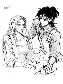 Rule 34 | 1boy, 1girl, apron, black hair, cake, collared shirt, commentary, cowboy shot, dress, elbow rest, english commentary, food, greyscale, hair bun, hand on another's back, highres, holding, holding plate, li axie, long hair, looking at another, monochrome, nephis (shadow slave), plate, shadow slave, shirt, sketch, sleeves rolled up, sunny (shadow slave), white hair