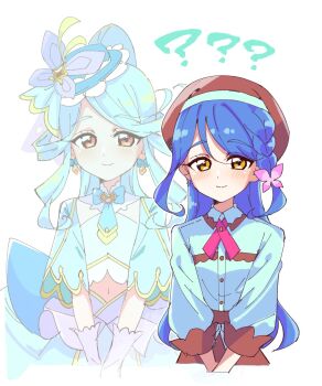 Rule 34 | 2girls, ?, ??, apron, aqua capelet, aqua hair, braid, braided sidelock, brooch, butterfly hair ornament, butterfly hat ornament, capelet, chef hat, closed mouth, cure eclair, hair ornament, hat, hat ornament, heart, heart brooch, high ponytail, highres, howa kurea, impossible hair, jewelry, long hair, looking at viewer, magical girl, meitantei precure!, midriff, mini hat, mini top hat, multiple girls, multiple views, navel, orange eyes, own hands together, patissier, piku (another pikuru), ponytail, precure, smile, top hat, very long hair, yellow eyes