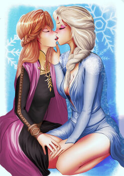 2girls anna_(frozen) black_dress blue_dress blush braid breasts closed_eyes dress elsa_(frozen) face-to-face freckles frozen_(disney) imminent_kiss incest kneeling long_sleeves multiple_girls orange_hair sakamotokun shirt siblings sisters snowflakes white_shirt yuri