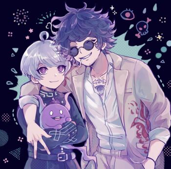 2boys ahoge arm_over_head belt blue_belt blue_hair blue_jacket cigarette closed_eyes closed_mouth collared_shirt commentary_request crown facial_hair ghost glasses hand_in_pocket horns hug jacket long_sleeves looking_at_another male_focus master_detective_archives:_rain_code multiple_boys open_mouth purple_eyes purple_hair round_eyewear shiina_kimagure shinigami_(ghost)_(rain_code) shinigami_(rain_code) shirt short_hair smile stubble symbol_in_eye tinted_eyewear upper_body v water_drop white_shirt yakou_furio yuma_kokohead