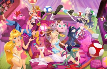 3boys 6+girls alternate_costume animal_crossing asymmetrical_hair birdo blonde_hair blue_eyes blue_hair blush breasts captain_falcon carpet closed_eyes controller cookie couch crossover crown curtains dumbbell earrings earthbound_(series) f-zero feet fire_emblem food game_console game_controller gen_1_pokemon green_hair helmet inkling_girl inkling_player_character jchanarts jewelry jigglypuff kid_icarus kneeling lips lucina_(fire_emblem) luigi mario_(series) medium_breasts metroid multiple_boys multiple_girls nintendo one_eye_closed open_mouth orange_hair pajamas palutena pillow pink_hair pointy_ears pokemon princess_zelda rosalina samus_aran shorts single_thighhigh sleepover smile soles splatoon_(series) stretching super_smash_bros. television the_legend_of_zelda thighhighs toadette video_game villager_(animal_crossing) wii wii_fit wii_fit_trainer wii_remote window