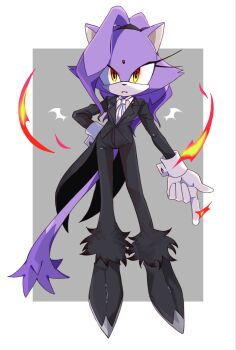 1girl 1m_0_animeweeb alternate_costume alternate_hairstyle animal_ears black_jacket black_pants black_shoes blaze_the_cat blood blood_on_face cat_ears cat_girl cat_tail closed_mouth eyelashes fire forehead_jewel formal_clothes full_body furry furry_female gloves hand_on_own_hip hashtag-only_commentary highres jacket looking_at_viewer pants purple_fur pyrokinesis shoes simple_background solo sonic_(series) suit tail white_gloves yellow_eyes