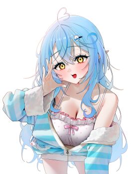 1girl absurdres agnamore ahoge blue_hair blue_jacket breasts camisole character_hair_ornament cleavage commentary crossed_bangs daifuku_(yukihana_lamy) double-parted_bangs frilled_camisole frills fur-trimmed_jacket fur_trim hair_between_eyes hair_ornament hairclip hand_up heart heart_ahoge highres hololive jacket large_breasts long_hair looking_at_viewer messy multicolored_hair off_shoulder official_alternate_costume official_alternate_hairstyle open_mouth partially_unzipped pointy_ears polka_dot_camisole simple_background sleepwear solo streaked_hair striped_clothes striped_jacket very_long_hair virtual_youtuber white_background white_camisole yellow_eyes yukihana_lamy yukihana_lamy_(roomwear) yukimin_(yukihana_lamy)