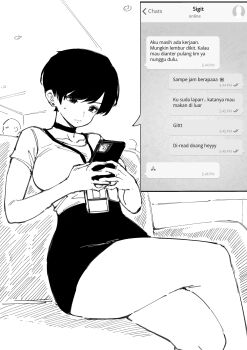 1girl absurdres bare_legs breasts choker closed_mouth collarbone crossed_legs curvy earrings fake_phone_screenshot fake_screenshot from_below greyscale highres id_card indoors jewelry lanyard large_breasts looking_at_phone monochrome norman_maggot office_lady olive_laurentia original pencil_skirt phone pixie_cut shirt_tucked_in short_hair short_sleeves sitting skirt solo solo_focus stud_earrings swept_bangs thick_thighs thighs wide_hips