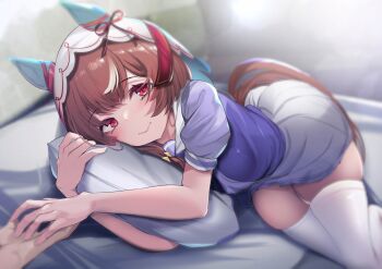 1girl animal_ears blush brown_hair closed_mouth highres horse_ears horse_girl horse_tail hugging_object long_hair looking_at_viewer lying on_side open_mouth pillow pillow_hug purple_shirt red_eyes school_uniform shirt short_sleeves skirt smile solo still_in_love_(umamusume) tail tamano_nae thighhighs tracen_school_uniform umamusume veil white_skirt white_thighhighs white_veil