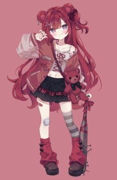 1girl animal_bag animal_ears bag baseball_bat bear_ears black_shoes black_skirt blush bow brown_bow camisole closed_mouth collarbone commentary_request crop_top ear_piercing full_body grey_camisole hair_bow hair_ornament hairclip hand_up head_tilt highres hoshi_(snacherubi) jacket layered_skirt letterman_jacket long_hair long_sleeves looking_at_viewer loose_socks nail_(hardware) nail_bat nail_polish navel one_side_up open_clothes open_jacket original piercing plaid_clothes plaid_skirt pleated_skirt puffy_long_sleeves puffy_sleeves purple_eyes red_background red_hair red_jacket red_nails red_socks shoes shoulder_bag simple_background skirt smile socks socks_over_thighhighs solo standing striped_clothes striped_thighhighs thighhighs very_long_hair x_hair_ornament