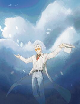 1boy absurdres belt black_shirt blue_theme cape cloud cloudy_sky coat day facing_viewer falling_feathers feathers feet_out_of_frame hair_slicked_back hat highres holding holding_unworn_clothes holding_unworn_hat male_focus mullet necktie northystary orange-tinted_eyewear outdoors outstretched_arms red_necktie shirt shirt_tucked_in sky smile solo standing tinted_eyewear to_be_hero to_be_hero_x unworn_hat unworn_headwear white_cape white_coat white_hair x_(symbol) x_(to_be_hero_x)