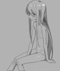Rule 34 | 1girl, blush, breasts, completely nude, expressionless, feet out of frame, grey theme, kurobeko (kur0bek0), long hair, looking at viewer, monochrome, navel, nude, original, sitting, small breasts, solo