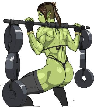 1girl abs arm_wrap blue_eyes bracelet breasts colored_skin earrings exercising green_skin jewelry large_breasts long_hair muscular muscular_female nisetanaka orc original pointy_ears ponytail scar shaved_head solo squatting sweat tusks weightlifting white_background