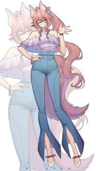 1girl animal_ears bare_shoulders blue_pants bracelet breasts brown_eyes commentary contrapposto english_commentary fate/grand_order fate_(series) fox_ears fox_tail full_body glasses halterneck hand_on_own_hip high-waist_pants highres jewelry koyanskaya_(fate) long_hair medium_breasts one_eye_closed pants pink_hair ponytail round_eyewear shoes sidelocks smile solo suhyeon tail very_long_hair white_shoes wristband zoom_layer