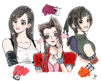 3girls aerith_gainsborough armor artist_name bare_shoulders black_gloves black_hair braid braided_ponytail brown_eyes brown_hair closed_mouth commentary_request cosmetics crop_top cropped_torso dress earrings elbow_gloves final_fantasy final_fantasy_vii gloves green_eyes green_shirt grey_eyes grin hair_ribbon hand_on_own_face headband highres jacket jas_(jasjasjasart) jewelry lipstick_tube long_hair multiple_girls orange_lips parted_bangs parted_lips pauldrons pink_dress pink_ribbon puffy_short_sleeves puffy_sleeves purple_lips red_jacket red_lips ribbed_shirt ribbon shirt short_hair short_sleeves shoulder_armor sidelocks silver_bangle single_bare_shoulder single_braid single_fishnet_armwear single_pauldron sleeveless sleeveless_shirt sleeveless_turtleneck smile suspenders teeth tifa_lockhart turtleneck upper_body white_background white_shirt yuffie_kisaragi