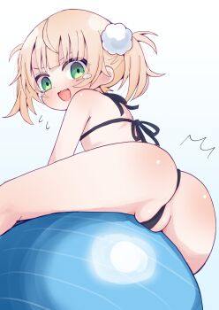 1girl ass ball bikini black_bikini blonde_hair commentary exercise_ball green_eyes hair_ornament highres indie_virtual_youtuber loli looking_at_viewer open_mouth pom_pom_(clothes) pom_pom_hair_ornament shigure_ui_(vtuber) shigure_ui_(young)_(vtuber) solo swimsuit takatsurt twintails