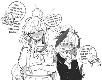 Rule 34 | 4girls, ahoge, azusa (blue archive), blue archive, blush, commentary, english text, greyscale, halo, hanako (blue archive), head wings, hickey, hifumi (blue archive), kinzaibatsu91, koharu (blue archive), long hair, long sleeves, monochrome, multiple girls, nose blush, open mouth, shirt, short sleeves, simple background, single off shoulder, smile, speech bubble, twintails, untranslatable commentary, white background, wings