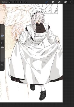1girl @_@ apron black_shirt black_shoes bow braid breasts closed_eyes closed_mouth clothes_pull commentary_request detached_sleeves dot_nose dress english_text facing_to_the_side frilled_dress frills full_body glasses hair_between_eyes hair_bow hat highres large_breasts long_hair long_sleeves maid mob_cap original persephone_(unholymilk) shirt shoes side_braid skirt skirt_pull smile solo_focus thai_commentary thighhighs unfinished unholymilk user_interface white_apron white_background white_dress white_hair white_hat white_sleeves white_thighhighs