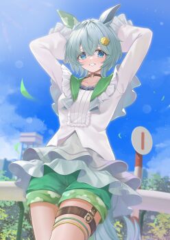 1girl absurdres animal_ears arikawa_rui arms_behind_head blue_eyes blue_sky blush breasts brown_choker choker cloud collarbone commentary_request ear_covers flower green_sailor_collar green_shorts grey_hair grin hair_between_eyes hair_flower hair_ornament hairclip highres horse_ears horse_girl horse_tail long_sleeves looking_at_viewer open_mouth outdoors sailor_collar seiun_sky_(reeling_in_the_big_one)_(umamusume) seiun_sky_(umamusume) shirt short_hair shorts single_ear_cover sky small_breasts smile solo sunflower sunflower_hair_ornament tail teeth thigh_strap umamusume