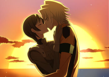 chiba_nagisa code_geass code_geass:_lost_colors fuyuki_(neigedhiver) highres kiss rai_(code_geass) sunset