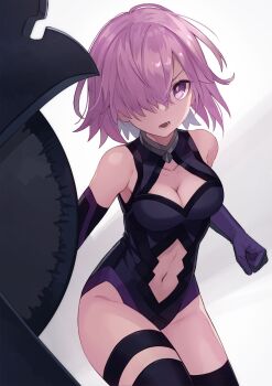 1girl bare_shoulders black_leotard black_thighhighs breasts cleavage clenched_hand clothing_cutout commentary elbow_gloves fate/grand_order fate_(series) gloves hair_over_one_eye highres leotard looking_at_viewer mash_kyrielight mash_kyrielight_(demi-servant) medium_breasts navel navel_cutout open_mouth orqz purple_eyes purple_hair shield short_hair simple_background solo thigh_strap thighhighs