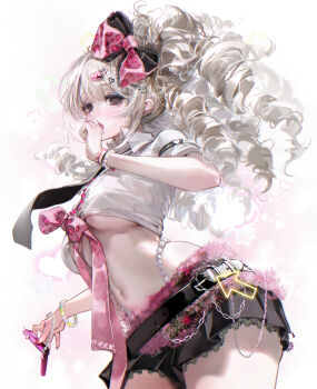 1girl absurdres agejo_gyaru animal_print bead_bracelet bead_necklace beads belt black_belt black_necktie black_skirt blonde_hair blue_eyeshadow bow bracelet breasts brown_eyes cacanep cellphone chinese_commentary commentary_request contrapposto covered_erect_nipples cowboy_shot crop_top curly_hair eyeshadow flip_phone fur-trimmed_skirt fur_trim glitter gyaru hair_bow hair_ornament hand_up heart heart_hair_ornament highres holding holding_phone jewelry lace lace-trimmed_skirt lace_trim leopard_print light_blush looking_at_viewer makeup medium_breasts miniskirt navel necklace necktie open_mouth original phone red_nails ribbon ringlets shirt sidelocks skirt solo star_(symbol) stomach thick_thighs thighs underboob white_shirt