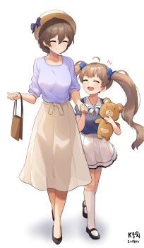 2girls ahoge bag black_shoes blue_shirt breasts brown_hair closed_eyes closed_mouth full_body hakozaki_serika hat highres holding holding_bag holding_hands holding_stuffed_toy idolmaster idolmaster_million_live! long_hair multiple_girls myeolchi no_socks open_mouth sakuramori_kaori shirt shoes short_hair simple_background skirt smile socks standing stuffed_animal stuffed_toy teddy_bear twintails walking white_background white_skirt white_socks yellow_skirt