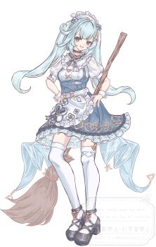 1girl absurdres apron aqua_hair black_shoes dress faruzan_(genshin_cafe_in_seoul)_(genshin_impact) faruzan_(genshin_impact) full_body fumicode2_3 genshin_impact hair_ornament highres long_hair looking_at_viewer maid maid_apron maid_headdress official_alternate_costume open_mouth shoes short_sleeves simple_background smile solo standing symbol-shaped_pupils thighhighs triangle-shaped_pupils twintails white_apron white_background white_thighhighs x_hair_ornament zettai_ryouiki