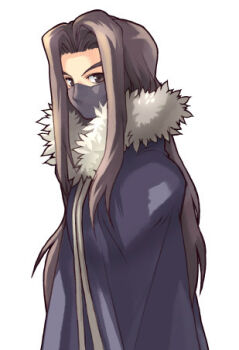 4leaf archived_source black_eyes black_hair black_mask blue_cloak cloak commentary curtained_hair fur-trimmed_cloak fur_trim game_cg korean_commentary long_hair lowres mask mouth_mask nexon official_art parted_bangs simple_background softmax straight_hair tales_weaver white_background yevgnen_jineman yevgnen_jineman_(black_knight)