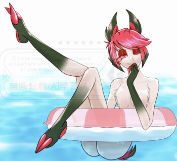 1boy alastor_(hazbin_hotel) animal_ears ass black_skin body_fur colored_skin commentary_request completely_nude deer_boy deer_ears deer_tail furry furry_male hazbin_hotel hellaverse highres hooves innertube leg_up male_focus monocle nude one_eye_closed raika1933 red_eyes red_hair shiny_skin short_hair smile swim_ring tail watermark