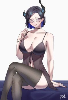 Rule 34 | 1girl, absurdres, asymmetrical horns, bare shoulders, black hair, blue hair, breasts, cleavage, collarbone, colored inner hair, crystal horns, demon horns, highres, hololive, hololive english, horns, juuuudo, large breasts, looking at viewer, mole, mole under eye, multicolored hair, nerissa ravencroft, nerissa ravencroft (casual), nightgown, official alternate hair length, official alternate hairstyle, red eyes, simple background, smile, solo, thighhighs, two-tone hair, underwear, uneven horns, virtual youtuber, white background