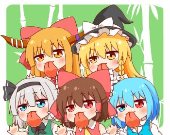 Rule 34 | 5girls, black bow, black hat, blonde hair, blue eyes, blue hair, blush, bow, brown hair, chibi, chibi only, commentary request, green shirt, grey hair, hair ribbon, hakurei reimu, hat, horns, ibuki suika, kirisame marisa, konpaku youmu, long hair, multiple girls, red eyes, red ribbon, red shirt, ribbon, shirt, short hair, tatara kogasa, tongue, tongue out, touhou, white bow, yellow eyes, yige lurenjia