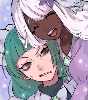 2girls ^_^ annoyed ascot blush bow bowtie brooch brown_eyes clenched_teeth closed_eyes dark-skinned_female dark_skin dress eyelashes fascinator frilled_ascot frills frown glint green_hair half-closed_eyes highres hug jacinthe_(pokemon) jewelry juliet_sleeves lebanne_(pokemon) long_sleeves maid maid_headdress master_and_servant mega_stone multiple_girls nanakusa_kayu_(kibou-girl) nintendo open_mouth parted_lips pokemon pokemon_legends:_z-a portrait puffy_sleeves purple_dress purple_hair raised_eyebrow smile sparkle sweatdrop teeth upper_teeth_only very_dark_skin white_bow white_bowtie