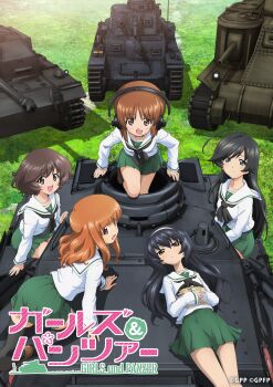10s 5girls absurdres ahoge akiyama_yukari bare_legs black_eyes black_hair blush brown_eyes brown_hair copyright_name from_above girls_und_panzer grass green_skirt hairband headphones highres isuzu_hana kneeling loafers long_hair looking_at_viewer looking_back lying m3_lee/grant medium_tank military military_vehicle miniskirt motor_vehicle multiple_girls neckerchief nishizumi_miho official_art on_back on_tank ooarai_school_uniform open_mouth orange_eyes orange_hair outdoors panzer_iv pleated_skirt reizei_mako scan school_uniform serafuku shadow shiny_skin shoes short_hair sitting skirt smile socks stug_iii sugimoto_isao takebe_saori tank thighhighs throat_microphone type_89_i-gou wide_hips