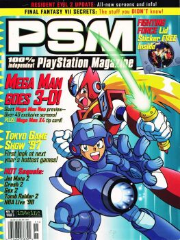 2boys adam_warren alana_mckendricks android arm_cannon artist_collaboration barcode clenched_hand copyright_name cover energy_sword english_text fighting_force game_console green_eyes hawk_manson helmet highres holding holding_sword holding_weapon mace_daniels magazine_cover male_focus mega_man_(character) mega_man_(series) mega_man_legends_(series) mega_man_zero_(series) multiple_boys official_art open_hand open_mouth pat_duke playstation_1 psm scan sword weapon zero_(mega_man)