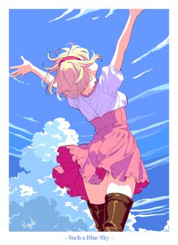Rule 34 | 1girl, arms up, artist name, blonde hair, blue sky, boots, breasts, brown boots, cloud, commentary, djeeta (granblue fantasy), english commentary, english text, facing away, fighter (granblue fantasy), from behind, granblue fantasy, hairband, high-waist skirt, medium breasts, pink hairband, pink skirt, pongldr, shirt, short hair, short sleeves, signature, skirt, sky, solo, thigh boots, thighhighs, white shirt