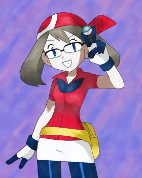 1girl absurdres amayzing2002 ball banana bandana bike_shorts bike_shorts_under_shorts blue_eyes brown_hair fanny_pack food fruit glasses gloves highres holding holding_ball holding_poke_ball looking_at_viewer may_(pokemon) nintendo poke_ball pokemon pokemon_rse red_bandana red_shirt shirt short_hair shorts teeth