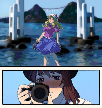 Rule 34 | 2girls, black hat, blonde hair, blue skirt, blurry, blurry background, blush, brown eyes, brown hair, camera, collared shirt, commentary, dslr, english commentary, frilled shirt collar, frills, hat, hat ribbon, highres, holding, holding camera, holding shoes, holding unworn clothes, long hair, maribel hearn, mob cap, multiple girls, nekolina, no socks, open mouth, outdoors, pink shirt, puffy sleeves, real world location, red ribbon, ribbon, rock, rope, shirt, shoes, skirt, standing, teeth, touhou, unworn shoes, usami renko, water, white hat, white shirt, yellow eyes