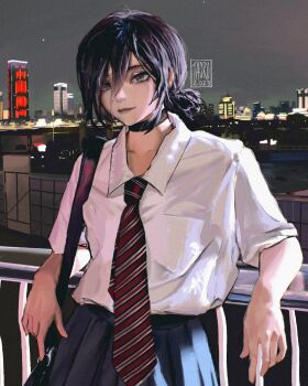 1girl against_railing black_choker black_hair blue_skirt chainsaw_man choker city closed_mouth collared_shirt diagonal-striped_clothes diagonal-striped_necktie grey_eyes hair_between_eyes hair_bun highres looking_at_viewer necktie night outdoors railing red_necktie reze_(chainsaw_man) school_uniform shirt shirt_tucked_in skirt solo striped_clothes taorotana white_shirt