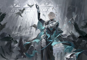 bird black_bird black_cape black_feathers black_gloves blue_eyes cape character_name character_request copyright_request crow falling_feathers feathers gloves halo halo_behind_head hand_on_own_chest hand_up highres long_hair long_sleeves looking_afar mrthersh parted_bangs parted_lips standing statue two-sided_cape two-sided_fabric white_hair window
