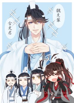 Rule 34 | > <, 5boys, ahoge, ahoge wag, animal, black hair, black hanfu, blue background, blue eyes, blush, brothers, brown hair, chibi, chibi inset, chinese clothes, chinese text, closed eyes, closed mouth, commentary request, expressive hair, facial hair, hair ribbon, hands on own cheeks, hands on own face, hanfu, hat, headband, high ponytail, highres, holding, holding animal, holding rabbit, kanda faf2, lan qiren, lan sizhui, lan wangji, lan xichen, long hair, long sleeves, looking at another, looking at viewer, male focus, modao zushi, multiple boys, mustache, open mouth, own hands together, petting, ponytail, purple eyes, rabbit, red ribbon, ribbon, robe, sash, siblings, sidelocks, sleeves past wrists, smile, sparkle, speech bubble, sweat, sweatdrop, topknot, twitter username, watermark, wei wuxian, white hanfu, white headband, white rabbit (animal), wide sleeves, xiao guan (headdress), yellow eyes