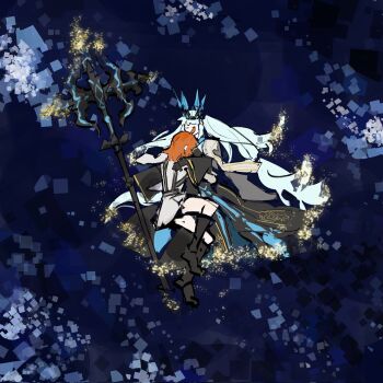 2girls ahoge fate/grand_order fate_(series) fujimaru_ritsuka_(female) fujimaru_ritsuka_(female)_(decisive_battle_chaldea_uniform) hair_between_eyes highres holding holding_polearm holding_weapon hug long_hair mogukong_1238 morgan_le_fay_(fate) morgan_le_fay_(queen_of_winter)_(fate) multiple_girls orange_hair polearm ponytail short_hair very_long_hair weapon white_hair