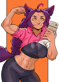 1girl abs absurdres ahoge animal_ear_fluff animal_ears biceps bindi black_sports_bra braid breasts cat_ears cat_tail cee-haz cellphone clenched_hand commission cropped_hoodie dark-skinned_female dark_skin edie_crop_hoodie fingernails flexing highres holding holding_phone hood hood_down hoodie iori_(ryushiko) large_breasts long_braid long_hair m/ multicolored_clothes muscular muscular_female original pants phone purple_hair second-party_source selfie sharp_fingernails single_braid sleeves_rolled_up slit_pupils smile solo sports_bra tail taking_picture yoga_pants