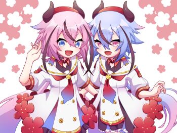 2others :d a.i._voice bare_shoulders beret black_dress black_horns black_shorts black_streaks blue_eyes blue_hair blue_nails buttons cowboy_shot double-breasted double-parted_bangs dress floral_background flower frilled_shorts frills gradient_hair gradient_necktie gynoid_talk hand_up hashtag-only_commentary hat headset highres horned_hat horns layered_dress long_hair low_ponytail low_twintails meika_hime meika_mikoto multicolored_hair multicolored_nails multiple_others nail_polish necktie nowame open_mouth pink_background pink_eyes pink_hair pleated_dress plum_blossoms ponytail puffy_sleeves red_hat red_nails red_necktie sailor_collar short_eyebrows shorts shorts_under_dress sidelocks smile standing streaked_hair thick_eyebrows three-quarter_sleeves twintails two-sided_dress two-sided_fabric two-tone_background very_long_hair white_background white_dress