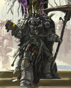 4boys adeptus_astartes alternate_universe armor death_guard energy_gun full_armor full_body grey_armor gun highres holding holding_gun holding_scythe holding_weapon kim_chan male_focus mortarion multiple_boys power_armor primarch roman_numeral scythe smoke spiked_armor spikes warhammer_40k weapon