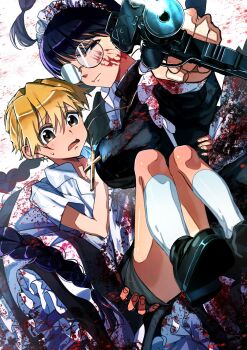 1boy 1girl aiming aiming_at_viewer black_hair black_lagoon blonde_hair blood blood_on_face blue_eyes blunt_bangs breasts carrying carrying_person child garcia_lovelace glasses gun handgun highres holding holding_gun holding_weapon kneehighs long_hair maid medium_breasts open_mouth purple_hair roberta_(black_lagoon) short_hair socks taigaai4649 weapon